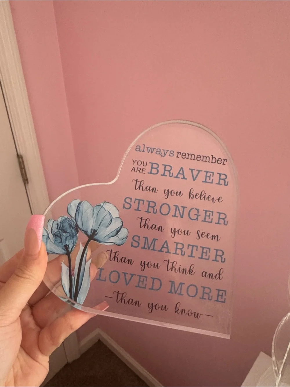 Amazon Pink Heart Plaque with Blue Floral Accents